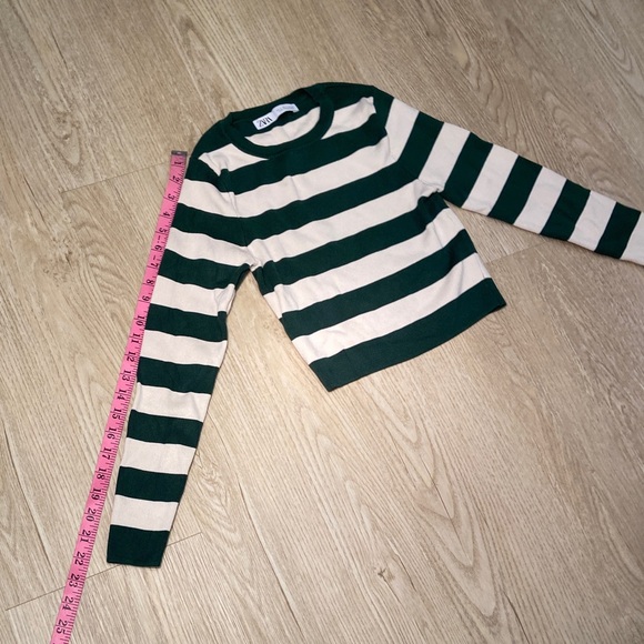 Zara Long Sleeve Green White Striped Crop Crew Neck Stretch Knit Sweater Size S - Picture 7 of 7